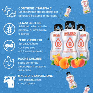 Bolero 24 Bustine 9g , Bevanda Istantanea Solubile, Zero Zuccheri, Vitamina C, Ice Tea Peach (Tè alla Pesca)