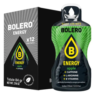 Bolero® 12 Bustine 7 gr, Bevanda Energetica Istantanea Solubile, Zero Zuccheri, Caffeina, Vitamina B, L-Arginina, Apple (Mela)