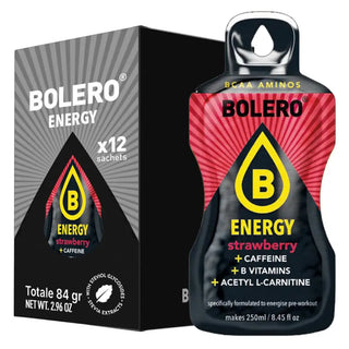 Bolero® 12 Bustine 7 gr, Bevanda Energetica Istantanea Solubile, Zero Zuccheri, BCAA, Caffeina e Vitamina B, Strawberry (Fragola)