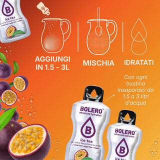 Bolero® 24 Bustine 8 gr, Bevanda Istantanea Solubile, Zero Zuccheri, Ice Tea Passionfruit (Tè al Frutto della Passione)