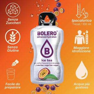 Bolero® 24 Bustine 8 gr, Bevanda Istantanea Solubile, Zero Zuccheri, Ice Tea Passionfruit (Tè al Frutto della Passione)