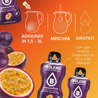 Bolero® 24 Bustine 9 gr, Bevanda Istantanea Solubile, Zero Zuccheri, Passionfruit (Frutto della passione)