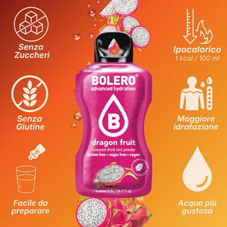 Bolero® 24 Sticks Bustine 3 gr, Bevanda Istantanea Solubile, Zero Zuccheri, Dragon Fruit (Frutto del drago)