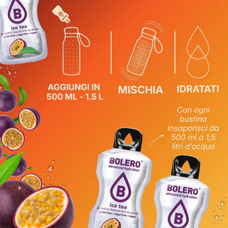 Bolero® 24 Sticks Bustine 3 gr, Bevanda Istantanea Solubile, Zero Zuccheri, Ice Tea Passionfruit (Tè al frutto della passione)