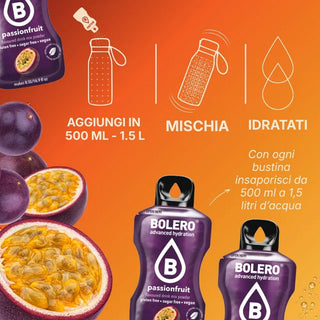Bolero® 24 Sticks Bustine 3 gr, Bevanda Istantanea Solubile, Zero Zuccheri, Passionfruit (Frutto della passione)