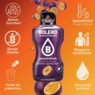 Bolero® 24 Sticks Bustine 3 gr, Bevanda Istantanea Solubile, Zero Zuccheri, Passionfruit (Frutto della passione)