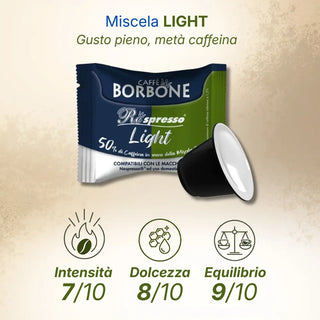 Caffè Borbone 100 Capsule Caffè Miscela Light Miscela 50% Blu, 50% Dek, Compatibili Nespresso®