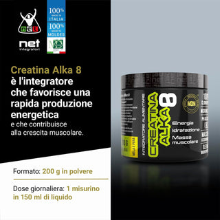 NET Integratori CREATINA ALKA 8 Creatina Monoidrata Micronizzata Clonapure,  Pre E Post Workout