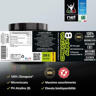 NET Integratori CREATINA ALKA 8 Creatina Monoidrata Micronizzata Clonapure,  Pre E Post Workout