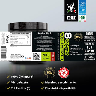 NET Integratori CREATINA ALKA 8 Creatina Monoidrata Micronizzata Clonapure,  Pre E Post Workout
