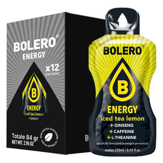 Bolero® 12 Bustine 7 gr, Bevanda Energetica Istantanea Solubile, Zero Zuccheri, Ginseng, Caffeina, L-Teanina, Iced Tea Lemon (Tè al limone)