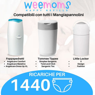 Weemoms - Ricariche Mangiapannolini Pack 9 Pezzi, Compatibili Tommee Tippee, Maialino Foppapedretti, ecc. 160 Pannolini Ciascuna. Totale 1440 ( Cartuccia Originale Necessaria )